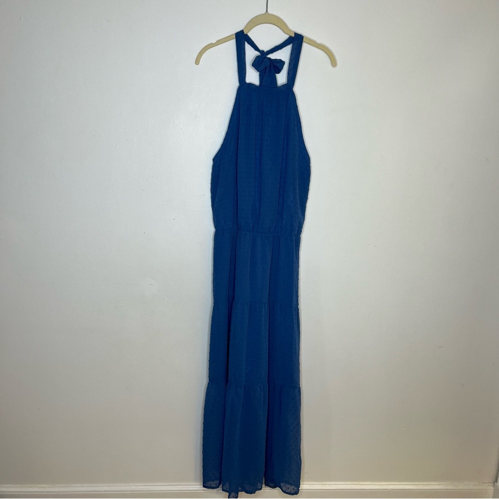 NWT Soft blue Swiss dot halter tiered sleeveless maxi dress size Large - Picture 3 of 8